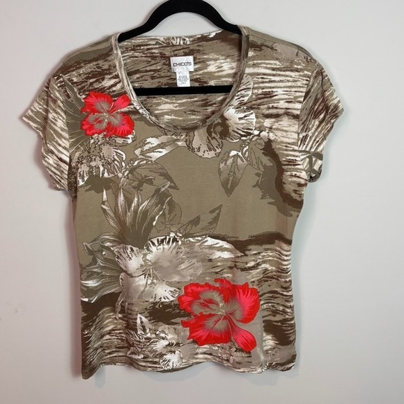 Chico's Tops - Chico's Womens Rayon Tropical Brown Red Floral Short Sleeve Stretch Tee sz 2/LG